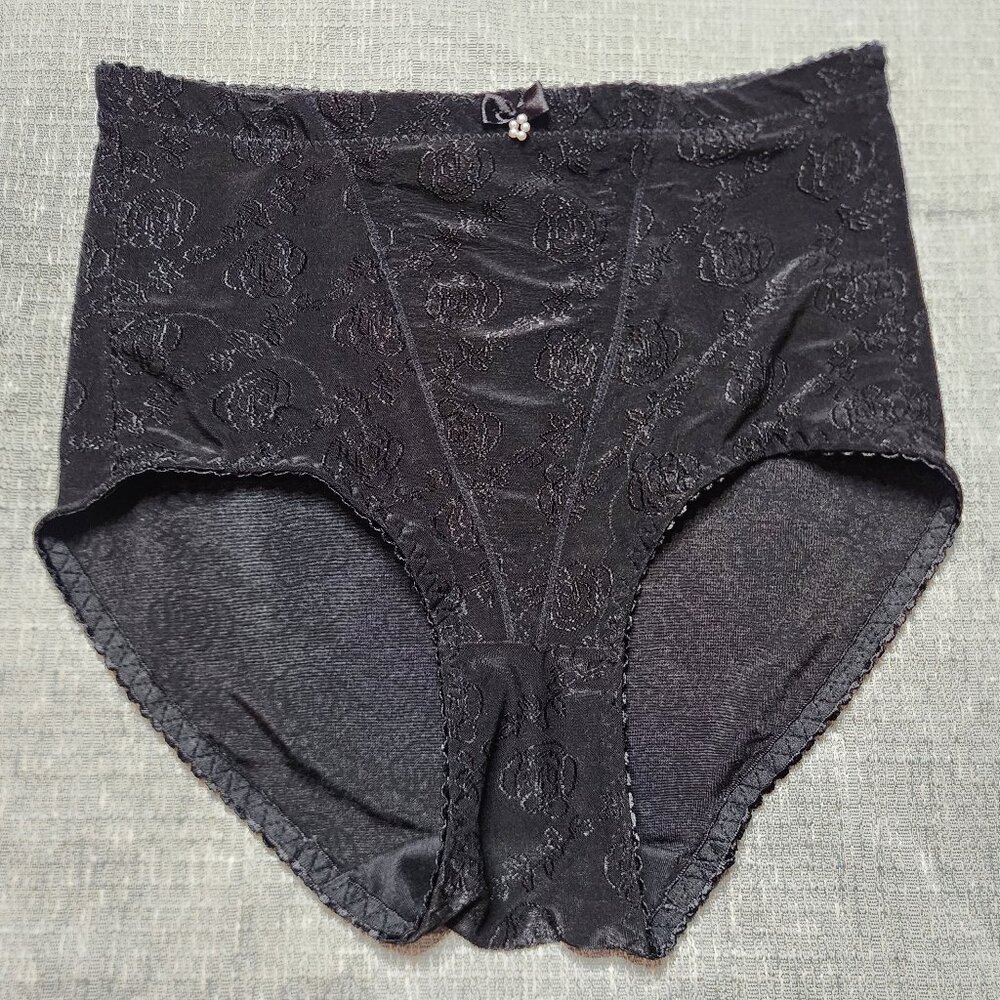 Heavenly Shapewear Womens Large Black High Waisted Floral Satin Like Undies
